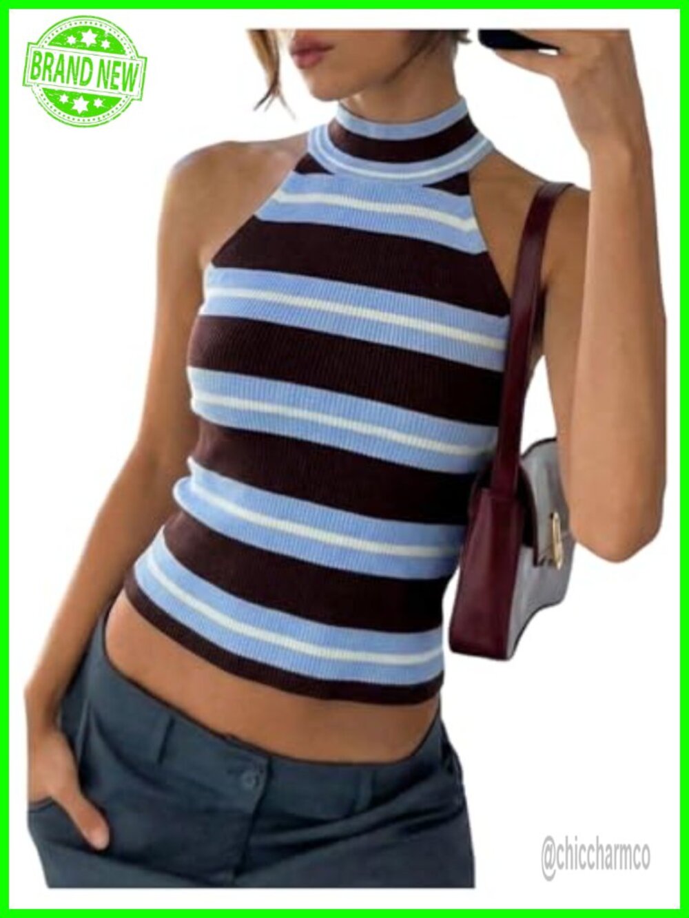 Y2K Striped Halter Knit Crop Tank Top Sleeveless Sweater Vest